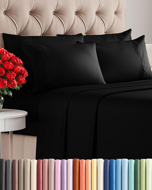 Full 6 Piece Sheet Set - Comfy Breathable & Cooling - Ultra Soft Hotel Luxury Bedding Set with 8-16 Inch Deep Pockets - 1 Flat & 1 Fitted Sheet & 4 Pillowcases - Cozy, Wrinkle Free & Easy Care - Black