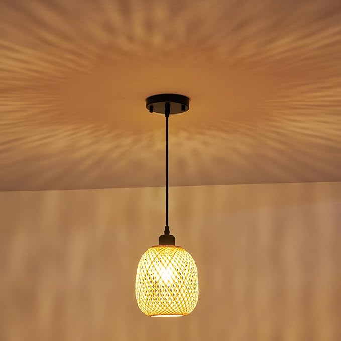 1pcs Hand Woven Bamboo Boho Chic Pendant Light,Adjustable Cord Bamboo Rattan Ceiling Hanging Light for Dining Room Bar Cafe Restaurant Craft Room