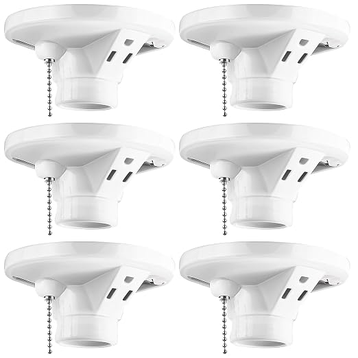 6 Pack Porcelain Light Socket with Outlet and Pull Chain Light Fixture, Bulb Socket with Grounded Outlet, E27/e26 Base, Porcelain Box Mount for Indoor Garage Closet Lighting
