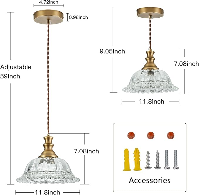 HDDFL Glass Pendant Lights Modern Pendant Lighting Fixtures 11.8 in Brushed Finish Hanging Lamp for Kitchen Island Bedroom Dining Room Coffee Shop Hallway Hotel Living Room