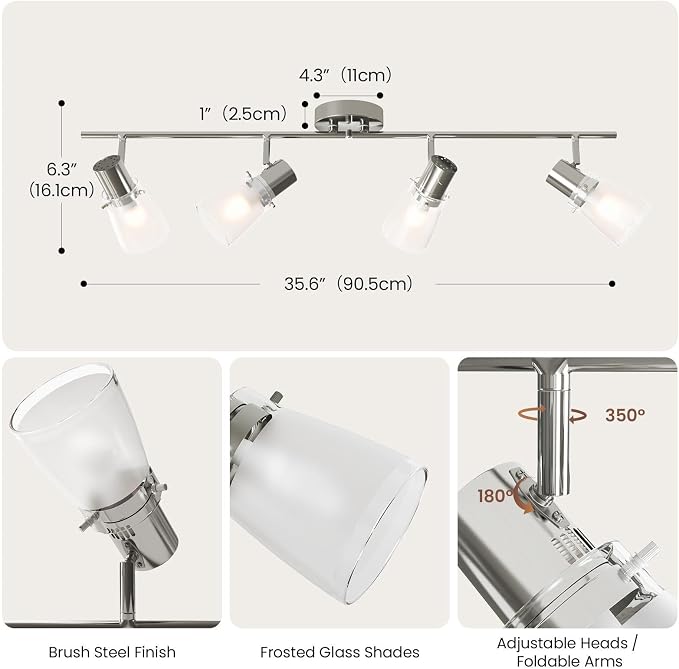4-Light Track Lighting Kit, Brushed Nickel Flush Mount Ceiling Light Fixture with Frosted Glass Shades, Foldable Arms with E26 Adjustable Heads Spotlight, ETL Listed (35.6 inch)