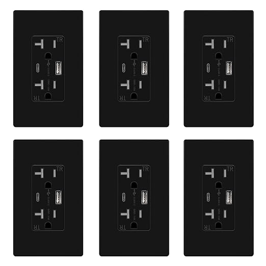 TOPGREENER 2-Port USB Outlet, 4.2A Type C USB Wall Outlet, 20 Amp TR Receptacle Plug, Charging Power Outlet with USB Ports, Wall Plate Included, UL Listed, TU22036AC-BK-6PCS, Black, 6Pack