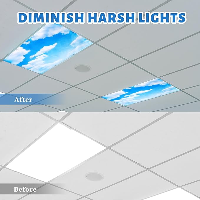 Hortsun 6 Pcs Fluorescent Light Covers - 4 x 2 Feet Magnetic Light Filters, Ceiling Lights Covers for Classroom Fluorescent Shade, Hospitals, School Office Cubicle Decor(Sky Cloud)