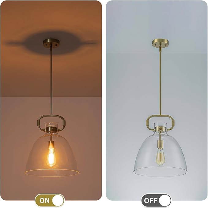 14’’ Large Glass Pendant Lights Kitchen Island, 1-Light Modern Gold Kitchen Island Lighting, Adjustable Antique Brass Hanging Pendant Light Fixture for Dining Room Bedroom Hallway E26