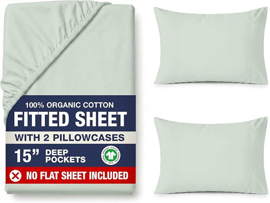 LANE LINEN Queen Size Fitted Sheet 100% Organic Cotton, Percale Weave, Low Pill Fade Resistant Eco Friendly Fully Elasticized Snug Fit Deep Pocket Queen Fitted (+Pillowcases) - Cool Blue
