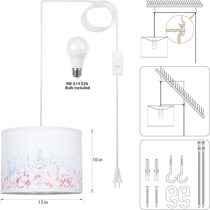 Qingmiao Boho Plug in Pendant Light, Hanging Lamp Plug in with LED Bulb, 3-Way Dimmable Hanging Light Fixture for Living Room Bedroom Kitchen Ceiling Farmhouse Home Decor