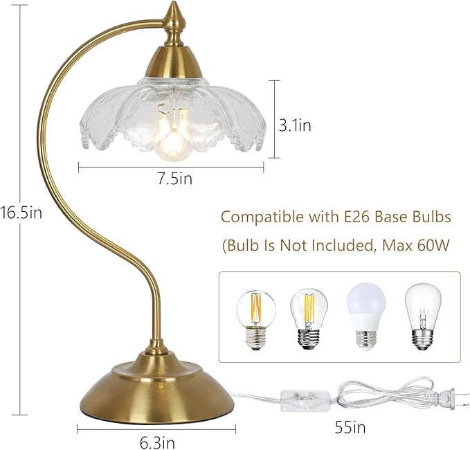 Glass Desk Lamp, Gold Table Lamps for Living Room, Brass Side Table Lamp with Clear Flower Shade, Desk Lamps for Home Office, Mid Century Modern Nightstand Lamp, Vintage Beside Lamp for Bedroom Decor