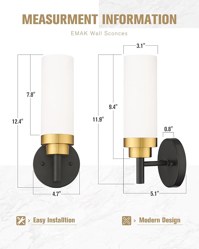 Emak Modern Wall Sconce, Black and Gold Bathroom Light Fixtures with Milk Glass Shade, Sconces Wall Lighting for Bathroom, Bedroom, Living Room, Hallway, WS085-BKBGD-ML