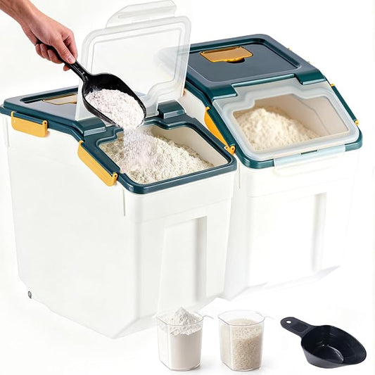 RUIAN 2Pcs Large Flour Storage Container Bin 50Lb Airtight Rice Storage Containers with Wheels Seal Locking Lid, BPA Free with Measuring Cup&Scoop for Flour, Rice, Grain 100LBS Total (Blue)