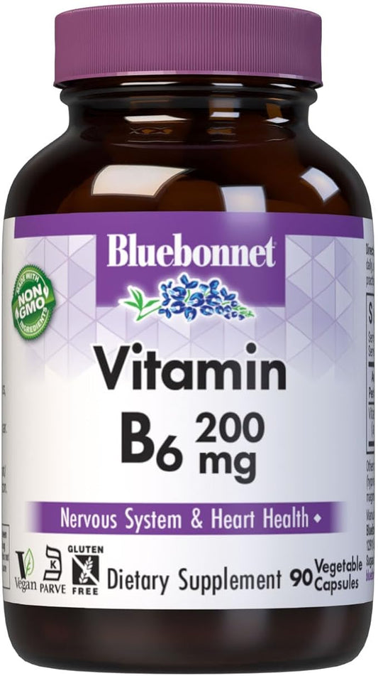 Bluebonnet Nutrition Vitamin B6 Vegetable Capsules, 200 mg, For Cardiovascular and Nervous System Health, Soy Free, Gluten Free, Kosher, Dairy Free, Vegan, Non-GMO, 90 Vegetable Capsules, 90 Servings