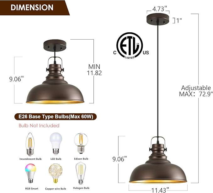 Refice 3 Packs Farmhouse Pendant Lights, Oil Rubbed Bronze Pendant Lighting, lsland Pendant Lights for Kitchen lsland lndustrial Adjustable Height Dome Hanging Lights for Barn, Dining Room