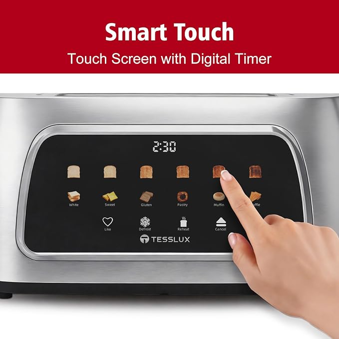 Tesslux 4 Slice Toaster with Touch Screen Control, 1.5" Wide Long Slots, 6 Browning Levels & 6 Bread Types, Digital Timer, Memory, Defrost, Reheat (Silver, 4 Slice)