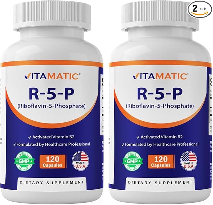 Vitamatic R-5-P Riboflavin-5-Phosphate (Vitamin B2) 50 mg | 120 Capsules | High Potency, Easy-to-Swallow Vegetarian Capsules (Pack of 2)