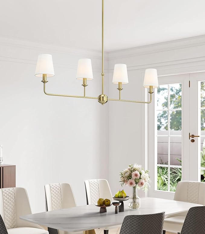 4-Light Brushed Gold Chandelier, Height Adjustable Island Dining Room Light with White Fabric Shades, E12 Base, Farmhouse & Industrial Style for Kitchen Living Room