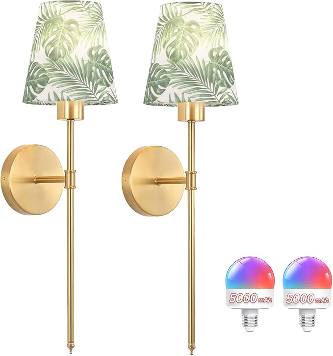 Shenmoyl Battery Operated Wall Sconces Set of 2, Flower Pattern Shade 5000 mAh Rechargeable Bulb with 12 RGB Colors Dimmable Wall Sconce for Living Room Bedroom