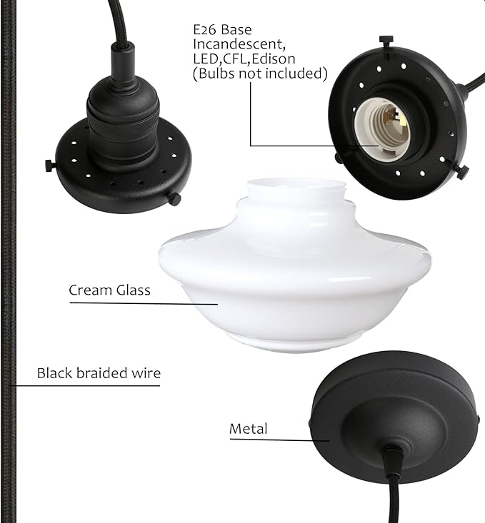 Pathson Modern Pendant Light with Milk White Glass, Vintage Ceiling Pendant Lighting Adjustable Textile Cord, Frosted Ceiling Fixture Lamp for Living Room Bedroom Kitchen Dining Room