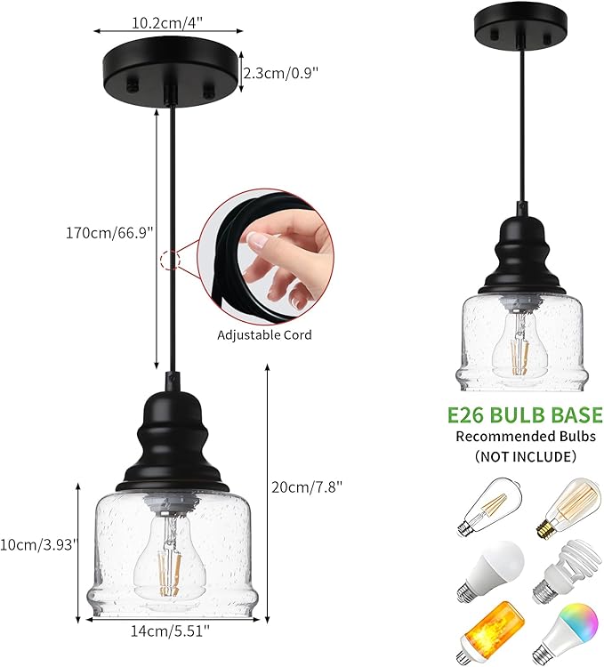 WILON Industrial Pendant Light, 4'' Black Seeded Glass, Farmhouse Kitchen Island Lighting, Adjustable Ceiling Light for Dining Room, E26 Bulb Base, Dimmable