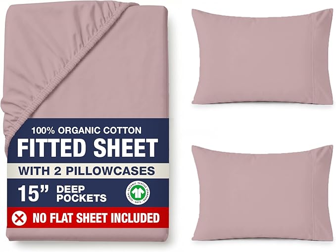 LANE LINEN King Fitted Sheet, 100% Organic Cotton, 3-Piece Set (1 Fitted Sheet,2 Pillowcases), Percale Weave, Ultra Soft, Breathable,Fits Mattress Upto 15" Deep - Lilac (No Flat Sheet)