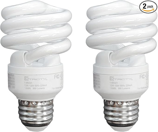 Xtricity Compact Fluorescent Light Bulbs T2 Spiral, E26 Base, 13W (60W Equivalent), 5000k Daylight, 900 Lumens, CFL, 120V - UL Listed, (2 Pack)