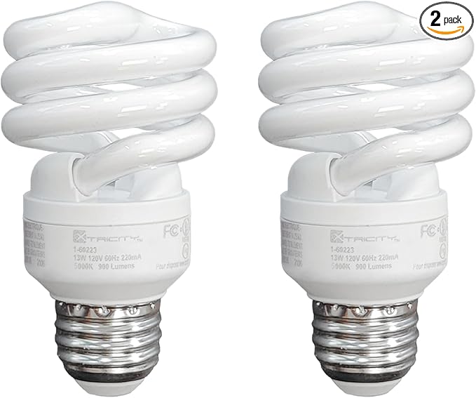 Xtricity Compact Fluorescent Light Bulbs T2 Spiral, E26 Base, 13W (60W Equivalent), 4100k Cool White, 900 Lumens, CFL, 120V - UL Listed, (2 Pack)