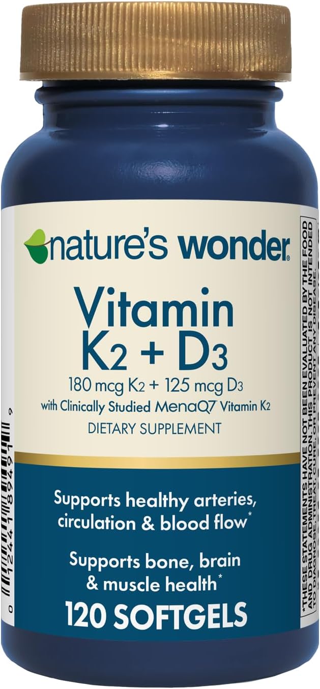 Nature's Wonder Vitamine K2 + D3 avec MenaQ7 pour la santé cardiovasculaire, cérébrale, osseuse et musculaire, 120 gélules, 120 jours d'approvisionnement