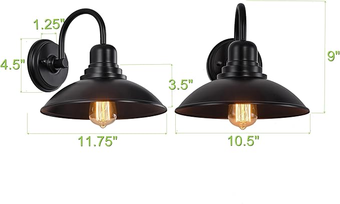 GOLDHILL Textured Black Gooseneck Barn Light 2 Pack, Farmhouse Bathroom Vanity Sconce with E26 Base, Powder Coated Metal Exterior Wall Sconce for Garage Porch and Mirror Side
