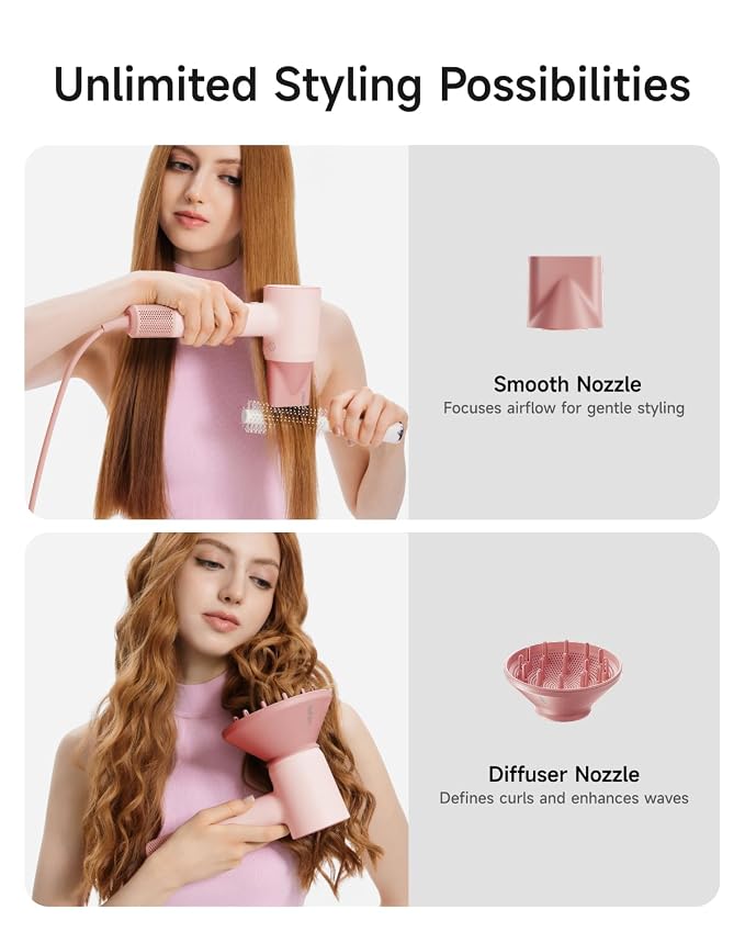 Laifen Hair Dryer SE 2, 200 Million Negative Ionic Blow Dryer with Child Mode and 108,000 RPM Brushless Motor, Fast Drying High-Speed Low Noise Hairdryer with Magnetic Attachments, HD130, Pink