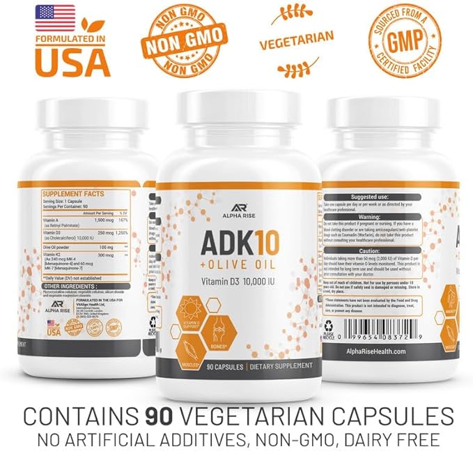 ADK 10 Complément vitaminique + Huile d'olive pour une meilleure absorption - avec Vitamines A + D3 (10 000 UI) + K2 (MK7+MK4) - 90 Capsules - Végétarien - Sans OGM