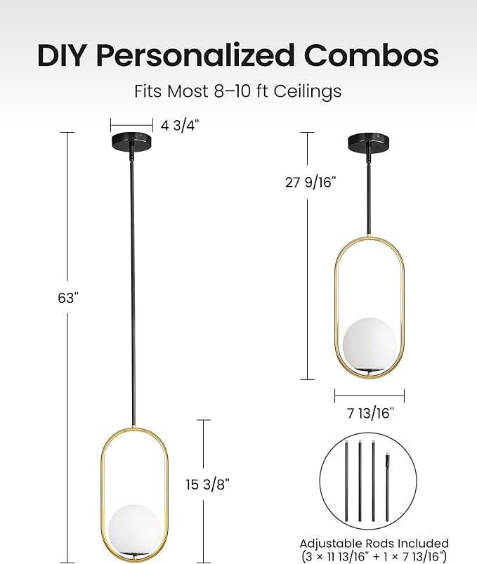 Yunnix Pendant Lights Kitchen Island, Pendant Light Fixtures, Modern Black and Gold Globe Glass Pendant Lighting, Mid Century Chandelier One Light for Bathroom Bedroom Dining Room