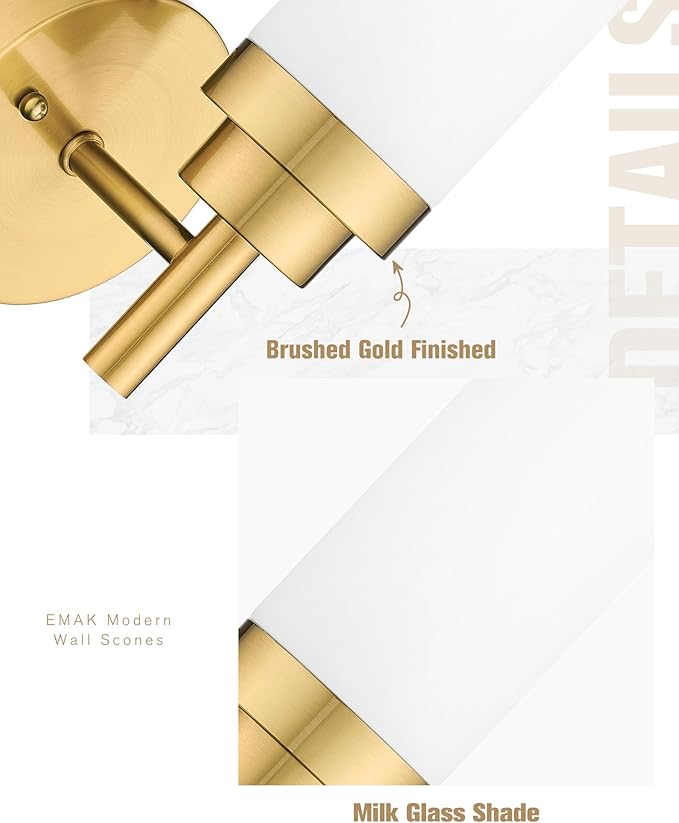 Emak Wall Sconces Set of 2, Modern Brushed Gold Bathroom Vanity Sconce Wall Lighting with Milk Glass Shade for Bathroom, Bedroom, Living Room, Hallway, WS085-BGD-ML-2PK