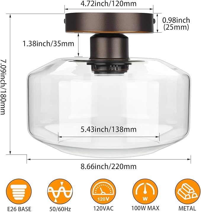 MAXvolador Industrial Semi Flush Mount Ceiling Light, Clear Glass Pendant Lamp Shade, Oil Rubbed Bronze Farmhouse Lighting, Hanging Light Fixture