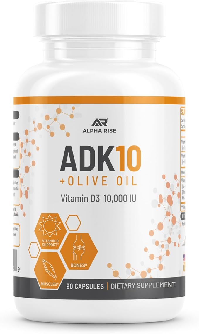 ADK 10 Complément vitaminique + Huile d'olive pour une meilleure absorption - avec Vitamines A + D3 (10 000 UI) + K2 (MK7+MK4) - 90 Capsules - Végétarien - Sans OGM