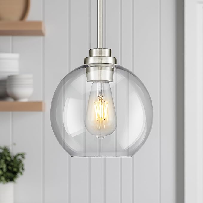 Pendant Lights Kitchen Island, 8" Brushed Nickel Pendant Light Fixtures with Globe Clear Glass Shade, Modern Kitchen Island Lighting for Bathroom, AD-22280-1PL-SN