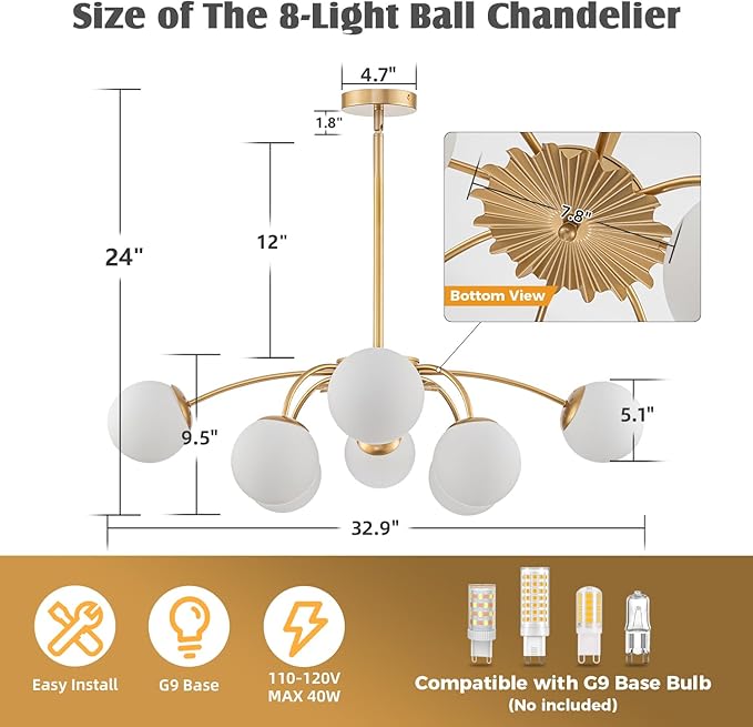8-Light Milk Glass Pendant Light, 33" Sputnik Bubble Glass Chandelier Light Fixture, Hand Blown Semi Flush Mount Ceiling Chandeliers Lighting for Dining Room, Living Room (Gold, 8-Light Chandelier)