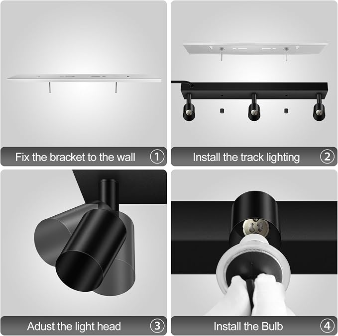 3 Head Plug in Track Light Fixture Black, Easy Install Corded Track Lighting Kit with Switch, Adjustable Directional Spotlight for Kitchen Island Closet Art Display, Modern Ceiling Lamp,15ft Cord