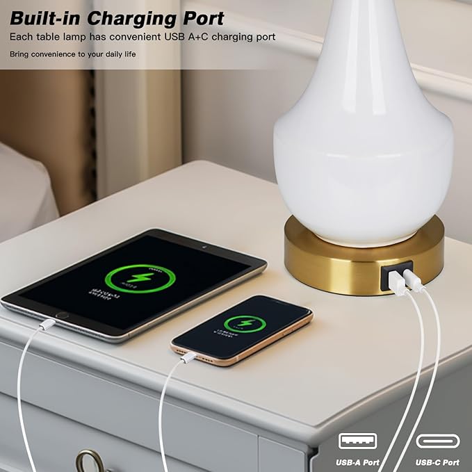 Cinyirong Modern White Table Lamp Set of 2, 24" Ceramic Table Lamp with USB A+C Ports,Classic Beside Lamps Nightstand Lamp Modern Lamp for Living Room, Bedroom & Office -LED Bulbs Included