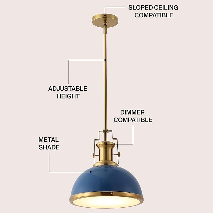 JONATHAN Y JYL9536G 13" Modern Industrial Dome Pendant Light, Farmhouse Hanging Light Fixture in Navy and Brass Gold, Adjustable Height Metal Lighting for Kitchen Island, Dining Room, Entryway
