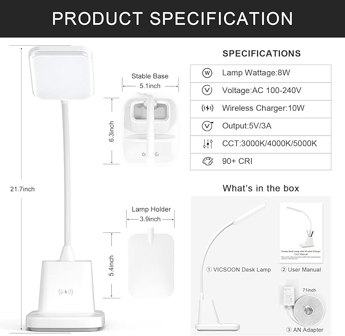 Desk Lamp with Wireless Charger - LED Desk Lamps for Home Office with Pen Holder, 800LM, 3 Color Modes, Flexible Arm, Eye-Caring White Table Lamps for Home College Dorm Room