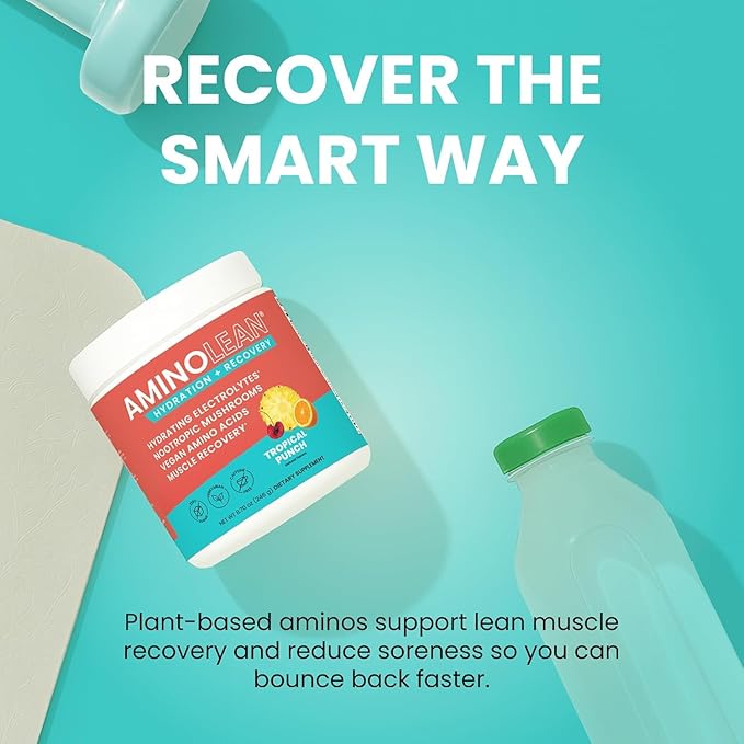 AminoLean Recovery + Hydration – Electrolytes Powder & BCAA Amino Acids for Instant Hydration & Post-Workout Recovery – Nootropic Mushrooms, Vegan Aminos, Zero Sugar, 30 Servings