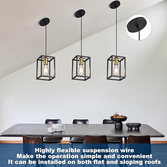 Black Pendant Lights for Kitchen Island Industrial Lantern Pendant Light Fixtures with Golden lamp Cup, Farmhouse Adjustable Height Hanging Pendant Lighting