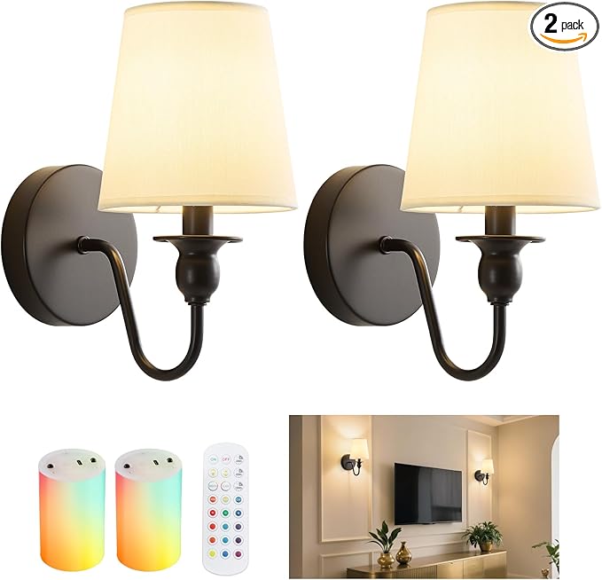 Battery Operated Wall Sconce Set of 2,Wireless Wall Sconces with 10000 mAh,RGB Rechargeable Sconces with Remote,Cordless Wall Lights for Bedroom,Living Room,Bathroom,Renter Friendly Home Decor (Black)