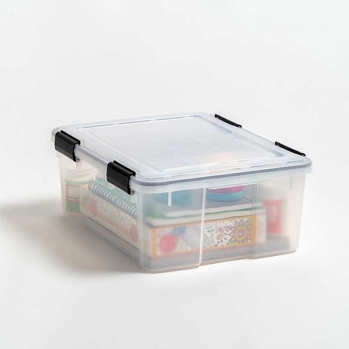IRIS USA WeatherPro 31 Qt Storage Bins with Lids, 6 Pack, BPA-Free Plastic Gasket Box with Tight Latch and Seal, Stackable Nestable Tote Tub - Clear/Black