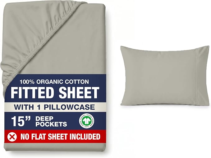 LANE LINEN Twin XL Fitted Sheet, 100% Organic Cotton 2-Piece Set (1 Fitted Sheet, 1 Pillowcase), Percale Weave, Bottom Sheet, Soft, Breathable, Fits Mattress Upto 15" Deep - Silver (No Flat Sheet)