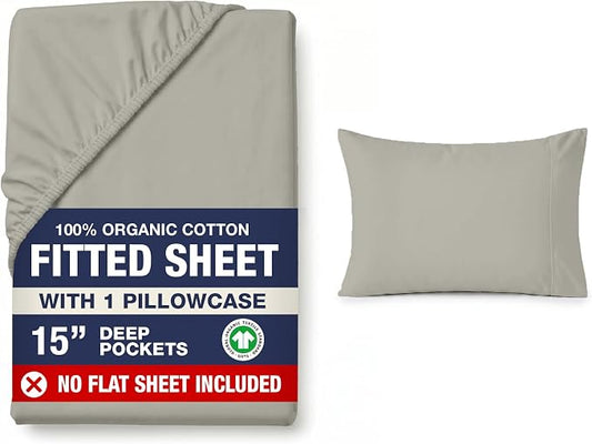 LANE LINEN Twin XL Fitted Sheet, 100% Organic Cotton 2-Piece Set (1 Fitted Sheet, 1 Pillowcase), Percale Weave, Bottom Sheet, Soft, Breathable, Fits Mattress Upto 15" Deep - Silver (No Flat Sheet)