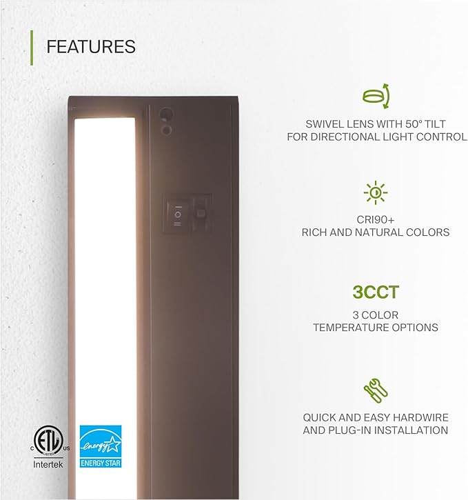 ASD Swivel LED Under Cabinet Lighting Plug in or Hardwired 12 Inch, Dimmable Under Cabinet Lights with High/Low/Off Switch, 3CCT 2700K-4000K, Linkable Under Counter Lights for Kitchen, Bronze, ETL