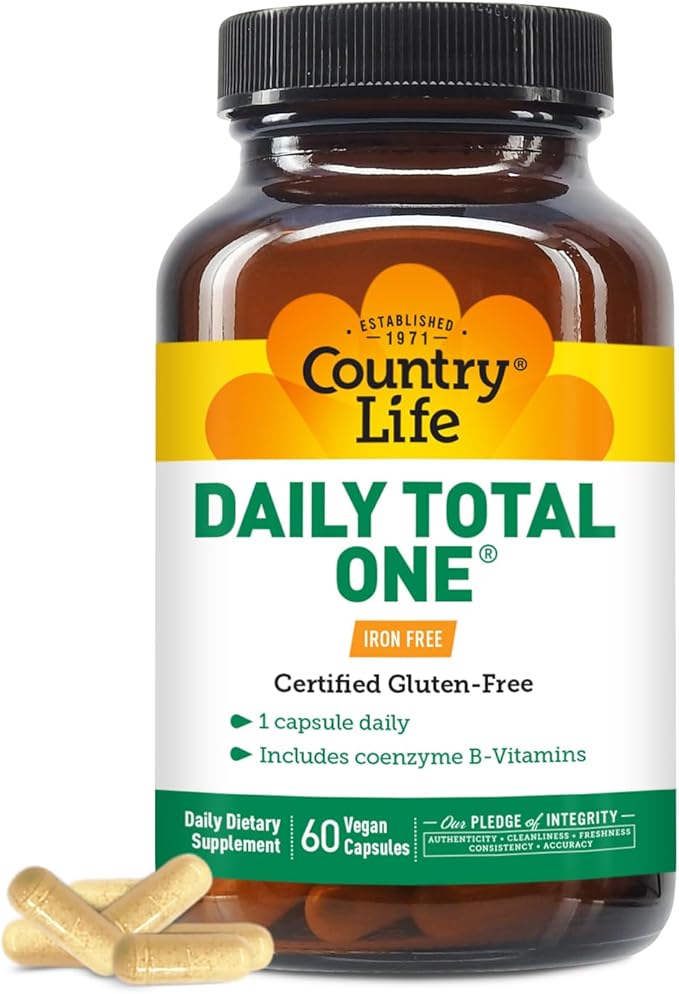 Complexe Multivitamines et Minéraux Quotidien Complet Sans Fer One Multivitamin Country Life, Vitamines A, C, D, y compris Coenzyme B-Vitamines, Soutient le Métabolisme Énergétique, 60 Capsules Végétaliennes