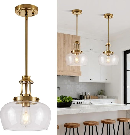 Modern Pendant Lights Kitchen Island, Brushed Gold Pendant Light Fixtures with 10" Clear Glass Shade, Industrial Hanging Pendant Lights Fixture for Kitchen Island Dining Room Bedroom Foyer Entryway