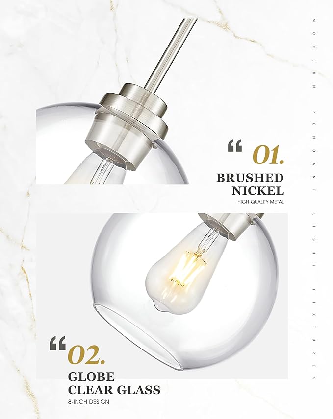Pendant Lights Kitchen Island, 8" Brushed Nickel Pendant Light Fixtures with Globe Clear Glass Shade, Modern Kitchen Island Lighting for Bathroom, AD-22280-1PL-SN