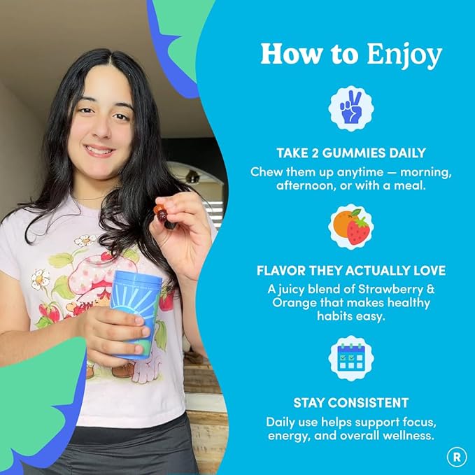 FIRST DAY Vitamines pour Adolescents - Multivitamines pour Adolescents Filles et Garçons 12-17 ans, Mélange Biologique de Fruits et Légumes - 12 Nutriments Clés : Vitamines A, B1, B2, B6, B9, B12, C, D3, E, K2 - Approvisionnement de 60 Jours