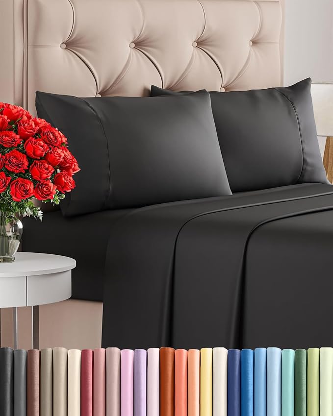 Twin 4 Piece Sheet Set - Comfy Breathable & Cooling - Ultra Soft Hotel Luxury Bedding Set with 8-16 Inch Deep Pockets - 1 Flat & 1 Fitted Sheet & 2 Pillowcases - Cozy, Wrinkle Free & Easy Care - Black